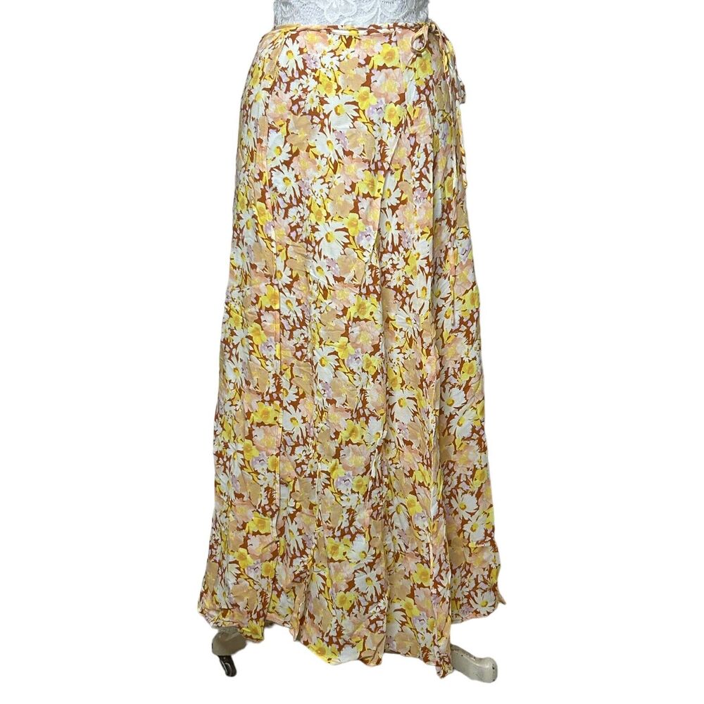 L*Space Anza Floral Tie Wrap Closure Maxi Skirt Yellow Brown Women's S NWT